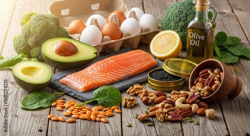 Wallpaper Mural Healthy foods assortment on wooden table Torontodigital.ca