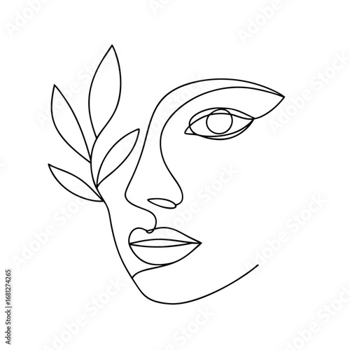 Elegant face with floral accent line art woman