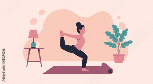 A woman practices a balanced yoga pose in a serene home setting, promoting wellness, relaxation, and a healthy lifestyle. Ideal for health and fitness content.
