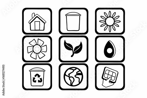 Thin stroke nature vector icon bundle, 20 black symbols on artboard, white background, includes eco house, renewable energy, recycle bin, solar sun, plant sprout, hand holding earth, eco battery, wate