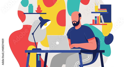 Man working on laptop at home office desk, surrounded by colorful abstract decor. Represents remote work, productivity, and modern digital lifestyle.