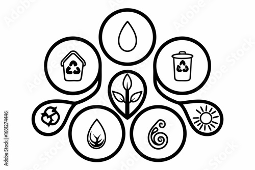 Thin stroke nature vector icon bundle, 20 black symbols on artboard, white background, includes eco house, renewable energy, recycle bin, solar sun, plant sprout, hand holding earth, eco battery, wate