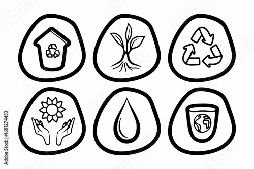 Thin stroke nature vector icon bundle, 20 black symbols on artboard, white background, includes eco house, renewable energy, recycle bin, solar sun, plant sprout, hand holding earth, eco battery, wate