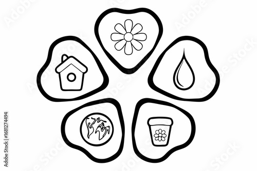 Thin stroke nature vector icon bundle, 20 black symbols on artboard, white background, includes eco house, renewable energy, recycle bin, solar sun, plant sprout, hand holding earth, eco battery, wate