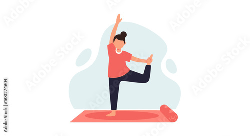 Woman practices yoga on a mat, demonstrating balance and flexibility. Focuses on health, wellness, and mindful exercise for a healthy lifestyle.