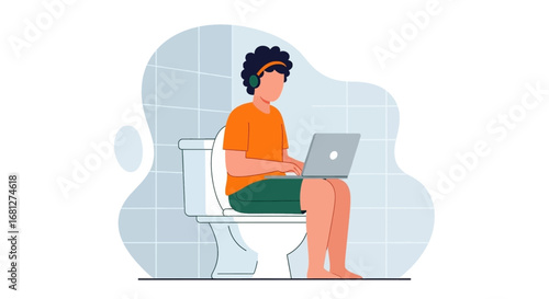 A person focused on their laptop with headphones, working from the privacy of a bathroom. Modern remote work, multitasking, or digital distraction concept.