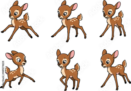 Cartoon fawn in expressive poses, cute young deer character sequence, walking and standing actions, stock illustration, white background