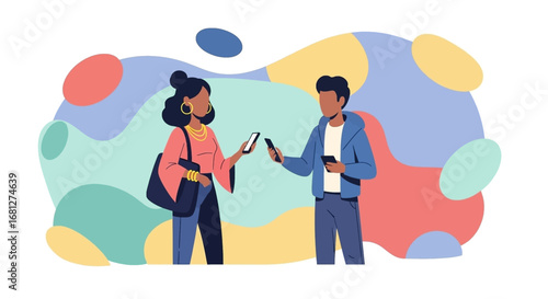 Two young people digitally interact, exchanging information or making a payment via smartphones. Modern communication and mobile technology concept for business and lifestyle.