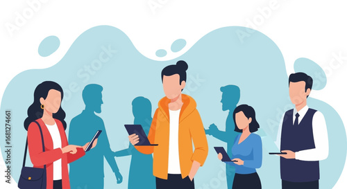 Diverse people engaged with smartphones and laptops, representing modern communication, social networking, and digital connectivity in a professional or casual setting.