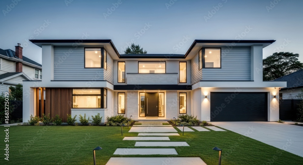 Fototapeta premium Modern house facade at twilight