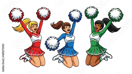 Cheerleader Squad with Joy: A vibrant squad of cheerleaders, each in a unique uniform, springs into action with pom-poms held high, capturing the essence of fun and energetic spirit.