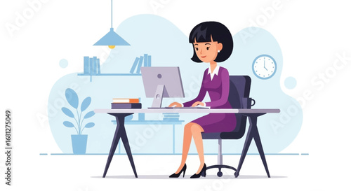 Professional woman working diligently at her modern office desk on a computer. Represents productivity, remote work, and business efficiency.