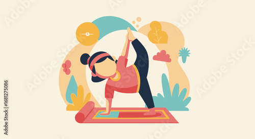Vector illustration of a woman practicing yoga on a mat, emphasizing health, wellness, and a balanced lifestyle. Ideal for fitness and self-care concepts.