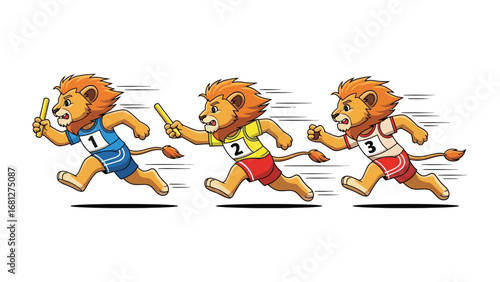 Lion Relay Race: Animated lions, competing in a relay race, convey teamwork, agility, and competitive spirit in a vibrant display of sportsmanship. 