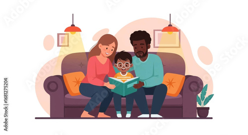 A loving diverse family reading a book together on a sofa, depicting education, bonding, and joyful home life and leisure.