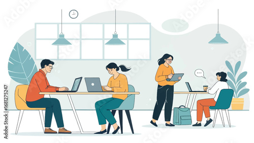Diverse professionals working on laptops and tablets in a modern, collaborative office or coworking space, symbolizing productivity and teamwork.