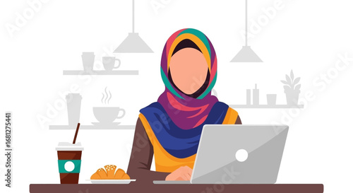 Muslim woman in colorful hijab works on laptop at a cafe with coffee and croissant. Represents modern remote work, freelance, and a global digital lifestyle.