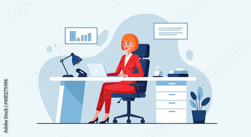 Professional woman in red suit diligently works on her laptop at a modern office desk, symbolizing productivity and successful business operations.