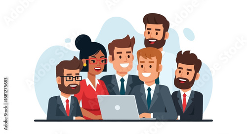 Diverse business team collaborating happily around a laptop, showcasing teamwork, success, and modern office work. Ideal for corporate, technology, and success concepts.