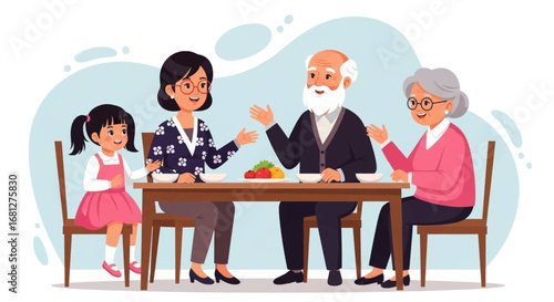 Happy multi-generational family enjoying a meal and lively conversation at home. Portrays togetherness and communication. Ideal for family life, lifestyle, and health content.