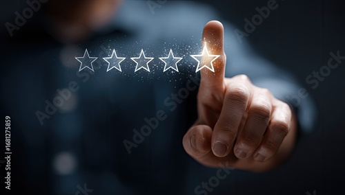 A hand points to a glowing five-star rating, digitally projected