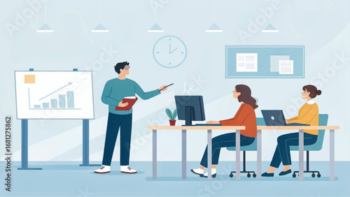 Professional business meeting or training session with a male presenter explaining growth charts to female colleagues in a modern office environment.