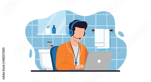 Person in headset works on laptop from a bathroom, illustrating the flexibility and challenges of modern remote work.