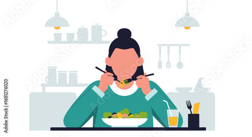 Woman enjoying a fresh, healthy salad and orange juice in a bright kitchen, embodying a balanced lifestyle and wellness.