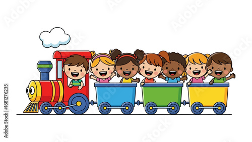 Joyful Train Ride: A vibrant illustration of children in a colorful train, representing a playful adventure, evoking themes of childhood, travel, and collective delight. 