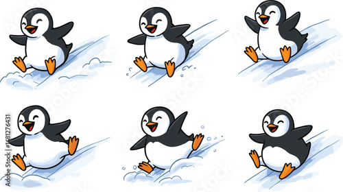 Cartoon penguin sliding on snowy slope, playful winter animal poses, expressive character sequence, stock illustration, white background, dynamic motion