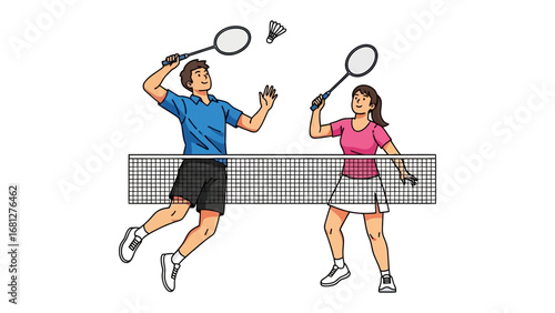 Dynamic Badminton Duo: A lively badminton match unfolds as a spirited male and female player engage in a spirited rally, the shuttlecock soaring gracefully against a clean backdrop.