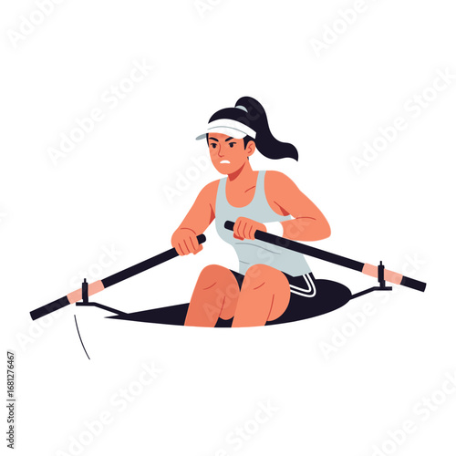 Focused Rowing: An athlete fiercely concentrates as she skillfully maneuvers a rowing boat, capturing strength and determination in a dynamic illustrated scene.