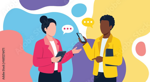 Diverse professionals communicate using digital devices, representing modern business discussions, collaboration, and social media interaction.