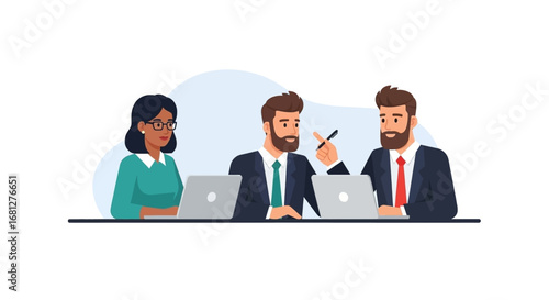 Diverse business professionals in a meeting, collaborating with laptops, discussing strategy. Ideal for teamwork, corporate communication, and modern office concepts.