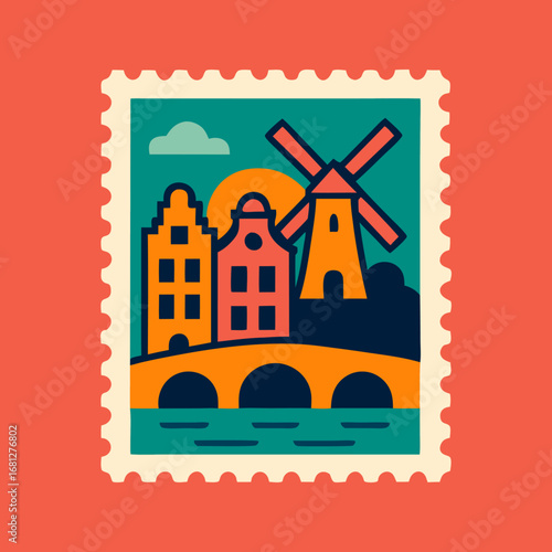 Amsterdam Landmark Illustration with Windmill and Canal Houses