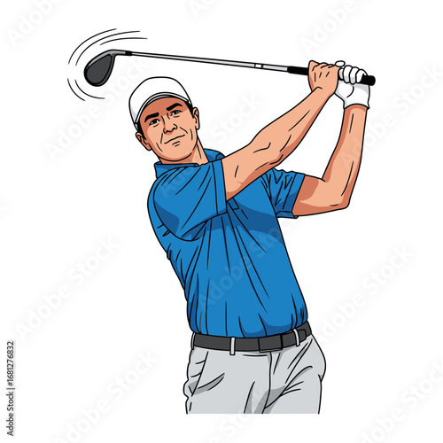 Masterful Swing: A golfer expertly executes a powerful golf swing, his form perfected in this striking illustrated portrait of sportsmanship.