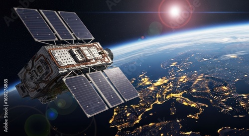 Satellite orbiting Earth, lit by sun