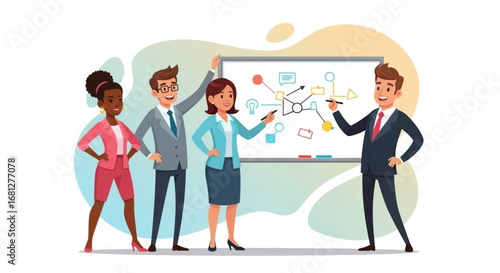 A diverse business team collaborates on new ideas, presenting a strategy or brainstorming on a whiteboard. Represents teamwork, innovation, and business growth.