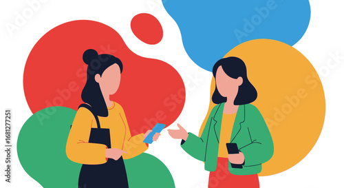 Two women interact, sharing information via mobile phones in a vibrant, modern illustration. Represents digital communication, networking, and technology in business and daily life.