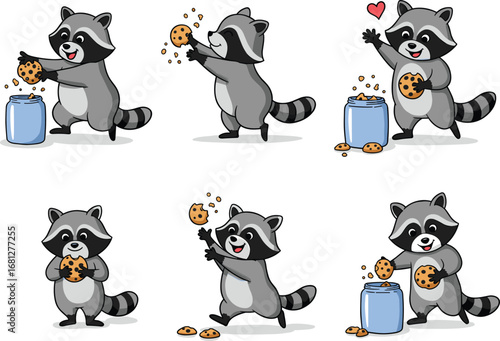 Cartoon raccoon with cookies and jar, playful animal snack poses, expressive character sequence, stock illustration, white background, cute pet