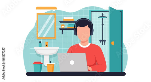 Person with headphones focused on a laptop in a bathroom setting, illustrating remote work, flexible hours, and an unconventional office environment.