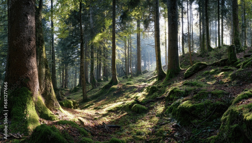 Fototapeta premium Sunlight streams through a mossy forest (2)