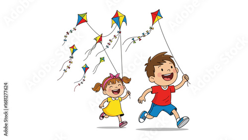Joyful Kite Runners: Two children, full of glee, chase after colorful kites, against a serene sky, painting a picture of youthful innocence and outdoor fun.