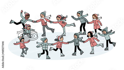 Ice Skating Friends: Capturing the essence of camaraderie and winter fun, a diverse group of children gleefully glide across an ice rink, their synchronized movements and joyful expressions.