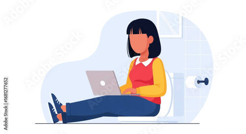 Woman working on a laptop while sitting on a toilet, illustrating remote work flexibility, multitasking, and work-life balance challenges in a home environment.