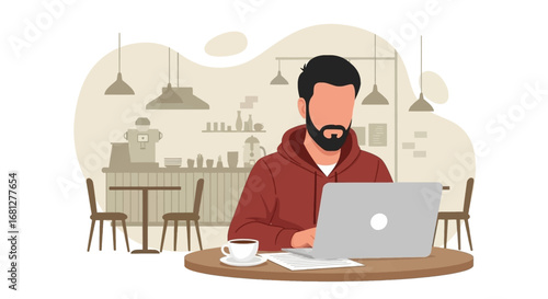 Bearded man in a casual hoodie diligently working on a laptop at a cozy coffee shop. Perfect for themes of freelance, remote business, and urban lifestyle.