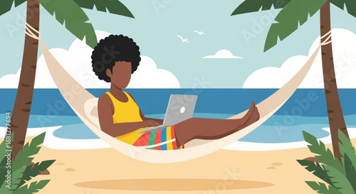 African American person working remotely on a laptop in a hammock on a tropical beach, illustrating digital nomad lifestyle, vacation, and flexible work.