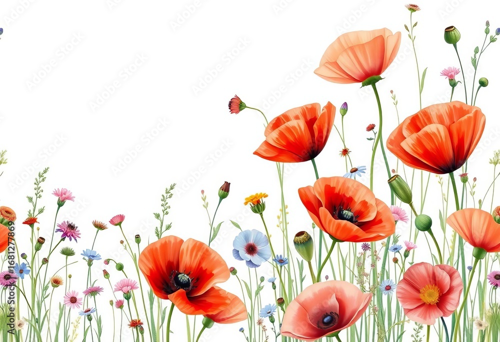 Fototapeta premium Delicate watercolor meadow floral seamless pattern featuring poppies, cornflowers, and other wildflowers on white, hand-drawn, cornflower