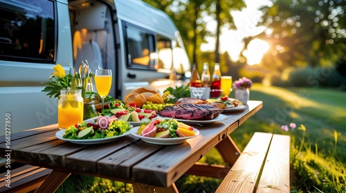A beautiful picnic scene beside a camper van with a wooden table full of fresh, delicious food, perfect for outdoor dining and relaxation