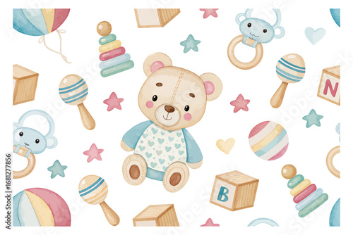 Watercolor baby themed toys seamless patterns